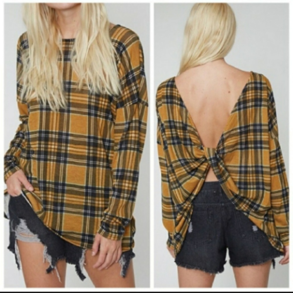 MUSTARD PLAID TWIST KNOT BACK TOP
